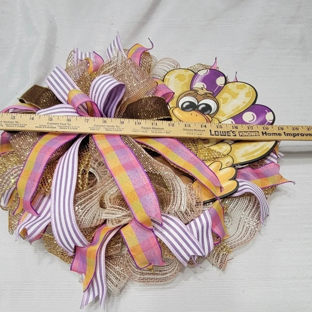 Thanksgiving Turkey Door Wreath Purple Plaid Gold Fall Door Decor